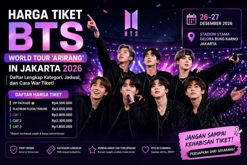 Harga tiket BTS WORLD TOUR ARIRANG in Jakarta 2026 lengkap dengan kategori VIP Package, Platinum, CAT 1, CAT 2, dan CAT 3 di Stadion Utama Gelora Bung Karno.