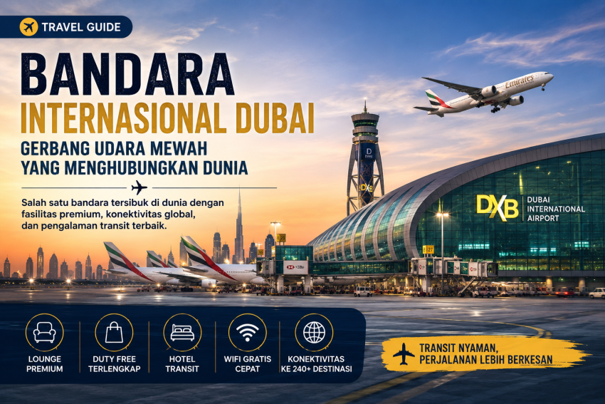 Bandara Internasional Dubai (DXB) saat senja dengan pesawat Emirates lepas landas, terminal modern berarsitektur futuristik, menara kontrol, serta informasi fasilitas premium seperti lounge, duty free, hotel transit, WiFi gratis, dan konektivitas global.