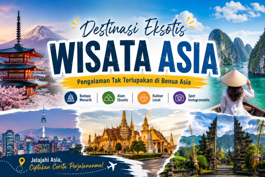 Wisata Asia dengan panorama kuil Jepang, Gunung Fuji, pantai tropis Asia Tenggara, gerbang khas Bali, dan traveler yang menjelajahi destinasi eksotis di Asia.