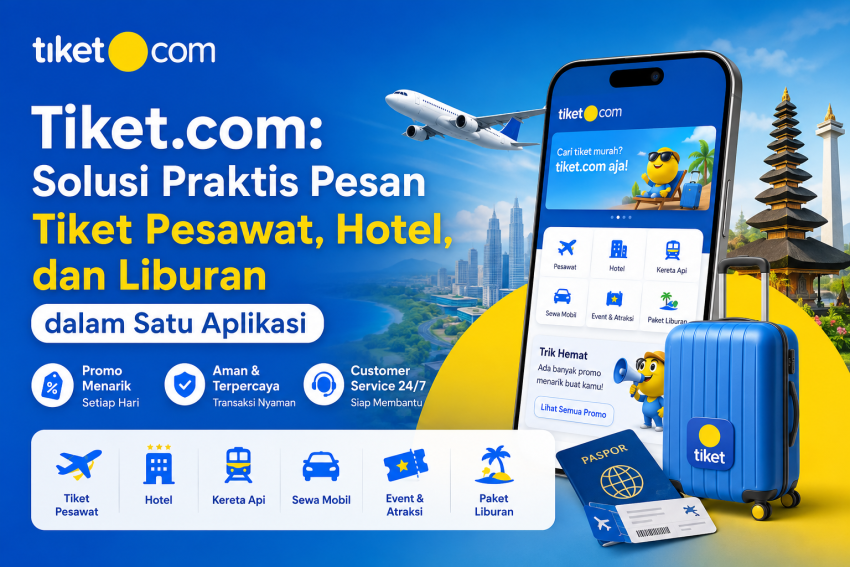 Banner Tiket.com menampilkan layanan pemesanan tiket pesawat, hotel, kereta api, sewa mobil, event, dan paket liburan dalam satu aplikasi dengan promo menarik dan transaksi aman.