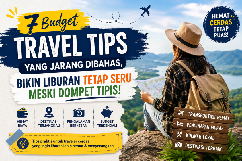 Banner budget travel tips dengan ilustrasi traveler menikmati pemandangan alam dan tips liburan hemat untuk perjalanan yang menyenangkan.
