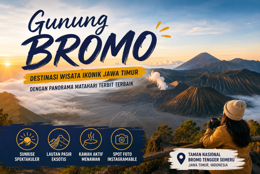 Panorama Gunung Bromo saat matahari terbit dengan lautan pasir luas, kawah aktif yang mengeluarkan asap, dan pemandangan pegunungan di Taman Nasional Bromo Tengger Semeru, Jawa Timur.
