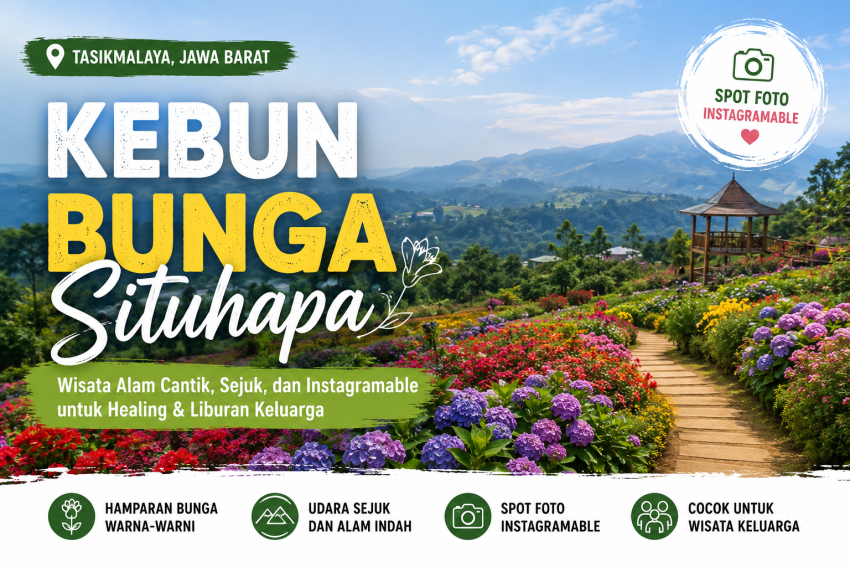 Panorama Kebun Bunga Situhapa di Tasikmalaya dengan hamparan bunga warna-warni, udara sejuk pegunungan, dan spot foto Instagramable untuk wisata keluarga.