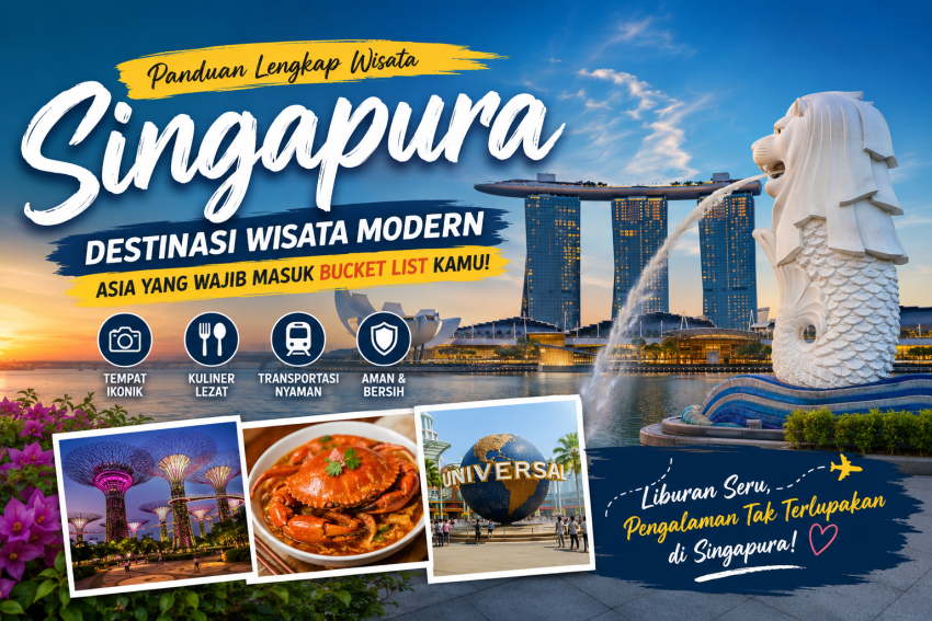 Pemandangan ikon wisata Singapura dengan Merlion Park, Marina Bay Sands, Gardens by the Bay, Universal Studios Sentosa, dan kuliner khas Singapura.