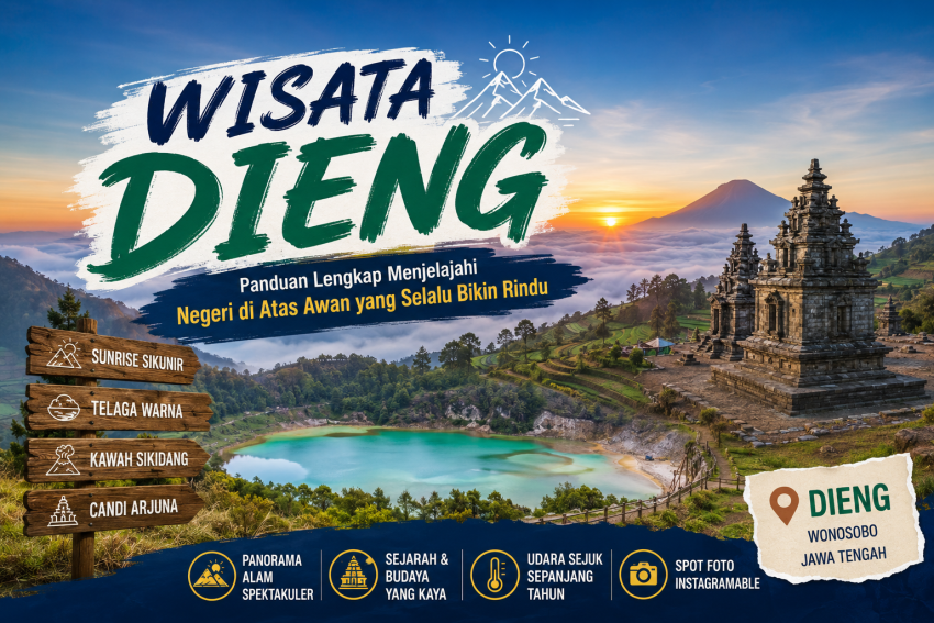 Wisata Dieng dengan panorama sunrise, Candi Arjuna, Telaga Warna, dan Kawah Sikidang di dataran tinggi Wonosobo, Jawa Tengah.