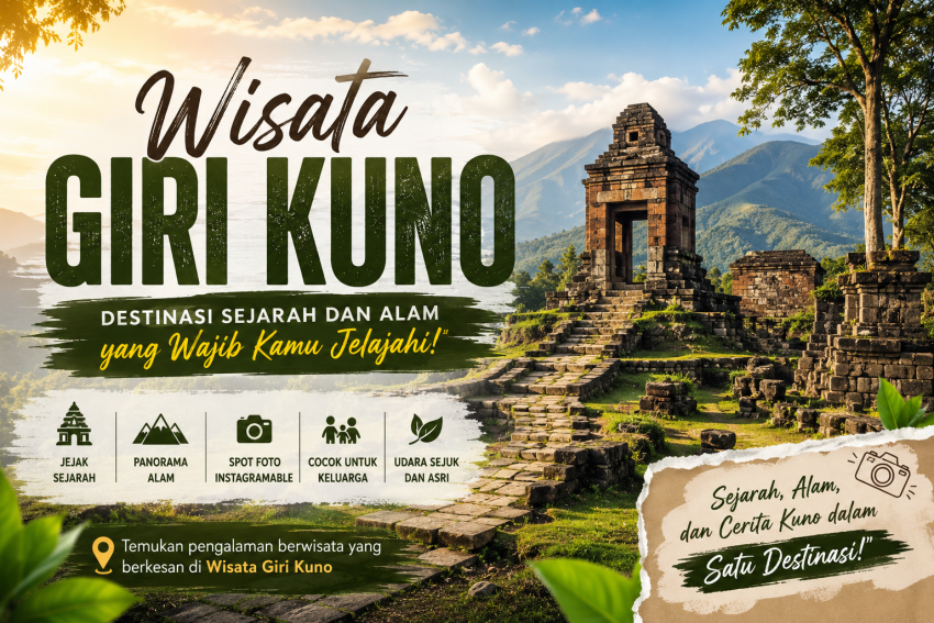 Banner Wisata Giri Kuno dengan pemandangan situs bersejarah, bangunan kuno, dan panorama pegunungan hijau sebagai destinasi wisata sejarah dan alam.