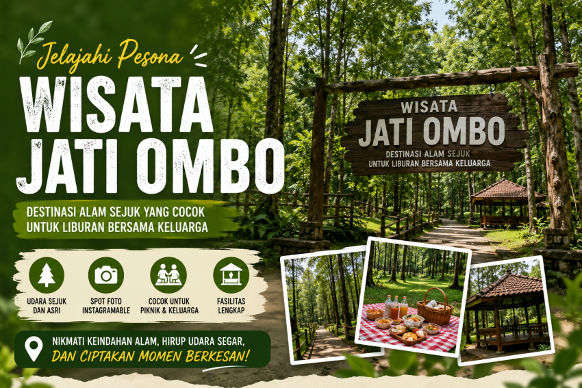 Banner Wisata Jati Ombo dengan suasana hutan jati yang asri, gazebo, jalan setapak, dan area piknik untuk liburan keluarga.