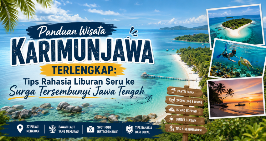 Banner Panduan Wisata Karimunjawa Terlengkap dengan pemandangan pantai berpasir putih, laut biru jernih, aktivitas snorkeling, dan pulau tropis di Jawa Tengah.