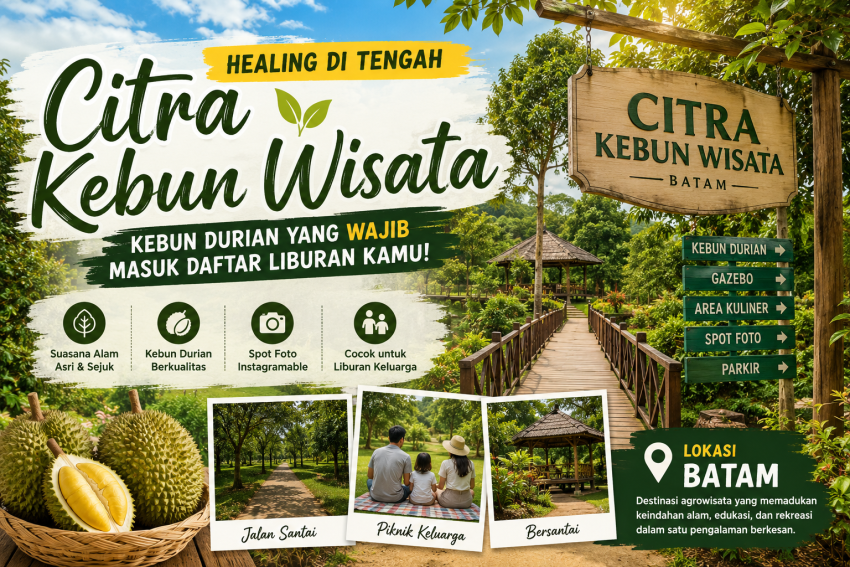 Citra Kebun Wisata Batam dengan suasana kebun durian hijau, jembatan kayu, gazebo, dan area wisata alam yang cocok untuk liburan keluarga.