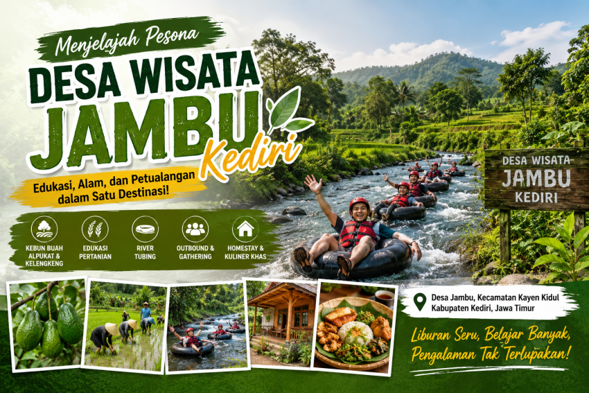 Desa Wisata Jambu Kediri dengan pemandangan alam, river tubing, kebun buah, dan wisata edukasi di Kecamatan Kayen Kidul.