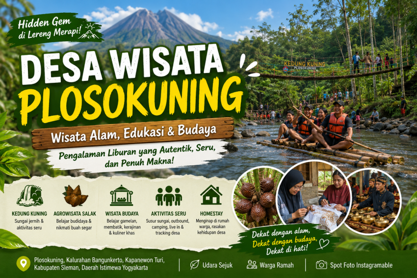 Desa Wisata Plosokuning di Sleman Yogyakarta dengan wisata alam Kedung Kuning, sungai jernih, agrowisata salak, dan wisata edukasi budaya.