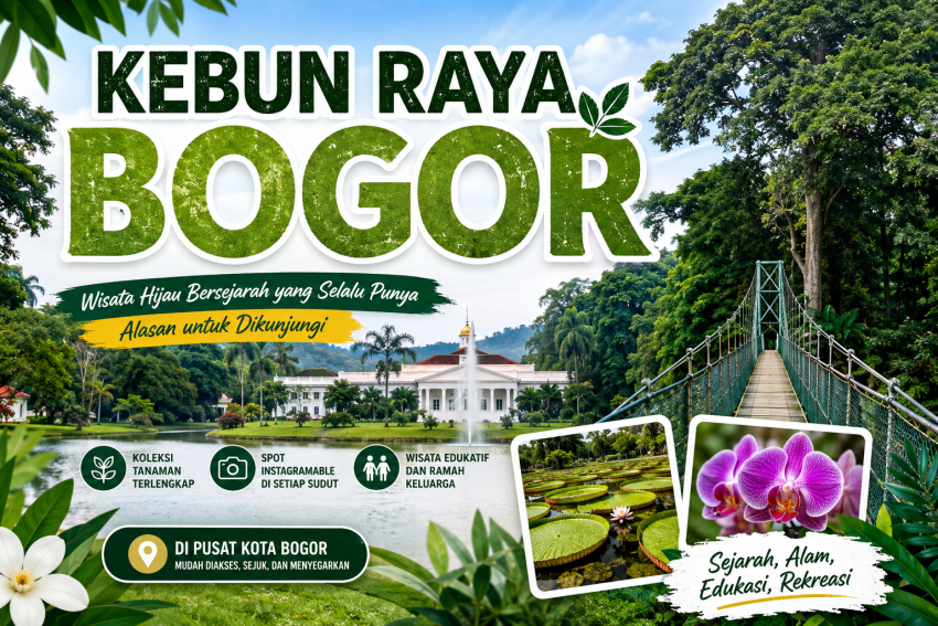Kebun Raya Bogor dengan pemandangan taman hijau, jembatan gantung, dan Istana Bogor sebagai destinasi wisata alam bersejarah di Jawa Barat.