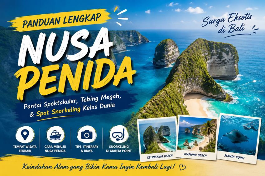 Pemandangan Kelingking Beach di Nusa Penida Bali dengan tebing ikonik, laut biru jernih, dan pantai eksotis sebagai destinasi wisata favorit.