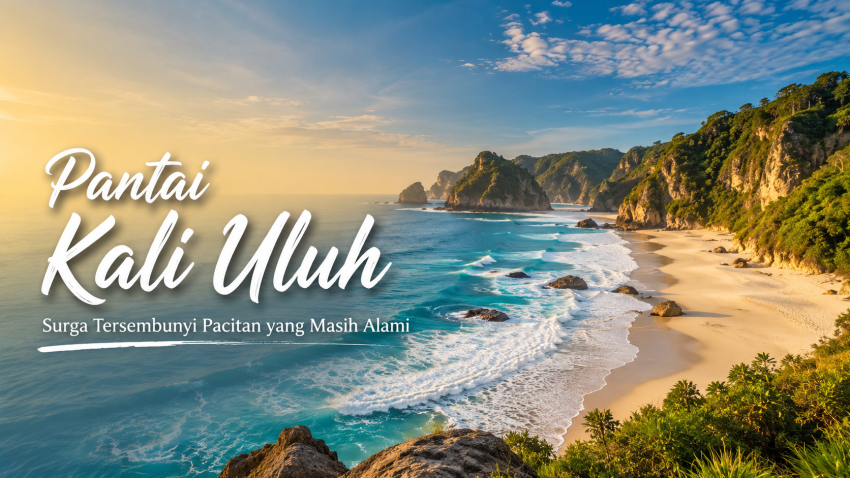 Pantai Kali Uluh di Pacitan, Jawa Timur dengan pasir putih, tebing karang, dan panorama Laut Selatan yang masih alami.