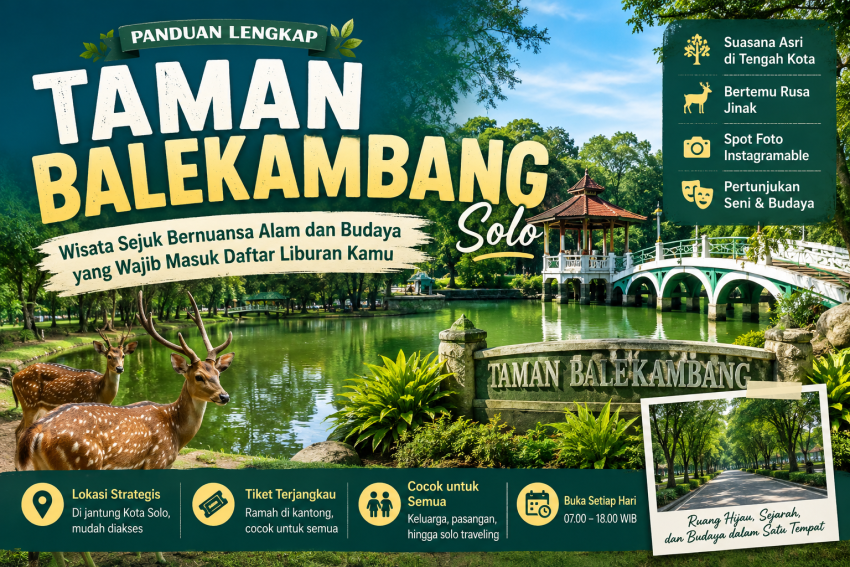 Taman Balekambang Solo dengan danau, jembatan ikonik, rusa, dan suasana hijau yang menjadi destinasi wisata alam dan budaya di Surakarta.