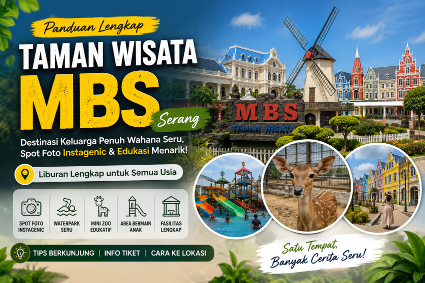 Taman Wisata MBS di Serang dengan spot foto bergaya Eropa, waterpark, mini zoo, dan wahana bermain keluarga.