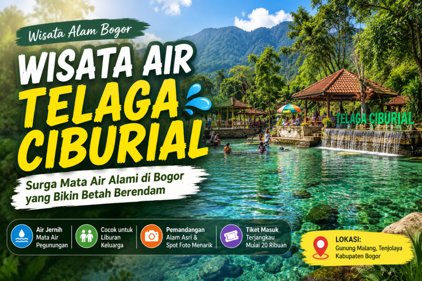 Wisata Air Telaga Ciburial di Bogor dengan kolam mata air alami yang jernih, suasana pegunungan asri, dan area wisata keluarga.