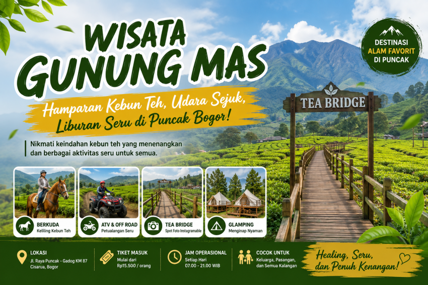 Panorama Wisata Gunung Mas di Puncak Bogor dengan hamparan kebun teh hijau, Tea Bridge, dan latar pegunungan yang menjadi destinasi wisata alam favorit.