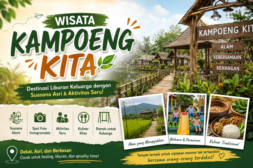 Wisata Kampoeng Kita dengan suasana pedesaan asri, area hijau, spot foto, dan wahana keluarga yang cocok untuk liburan bersama.