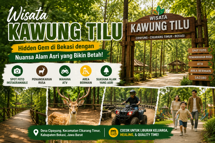 Pemandangan Wisata Kawung Tilu di Cikarang Timur, Bekasi dengan suasana hutan, spot foto, penangkaran rusa, dan wahana ATV untuk liburan keluarga.