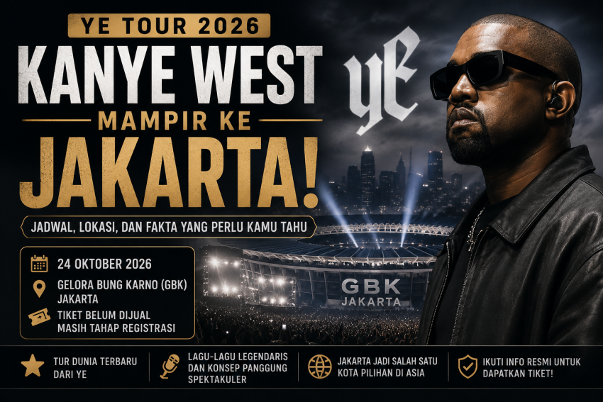 YE TOUR 2026 di Jakarta, poster konser Kanye West dengan informasi jadwal konser di Gelora Bung Karno (GBK) pada 24 Oktober 2026.